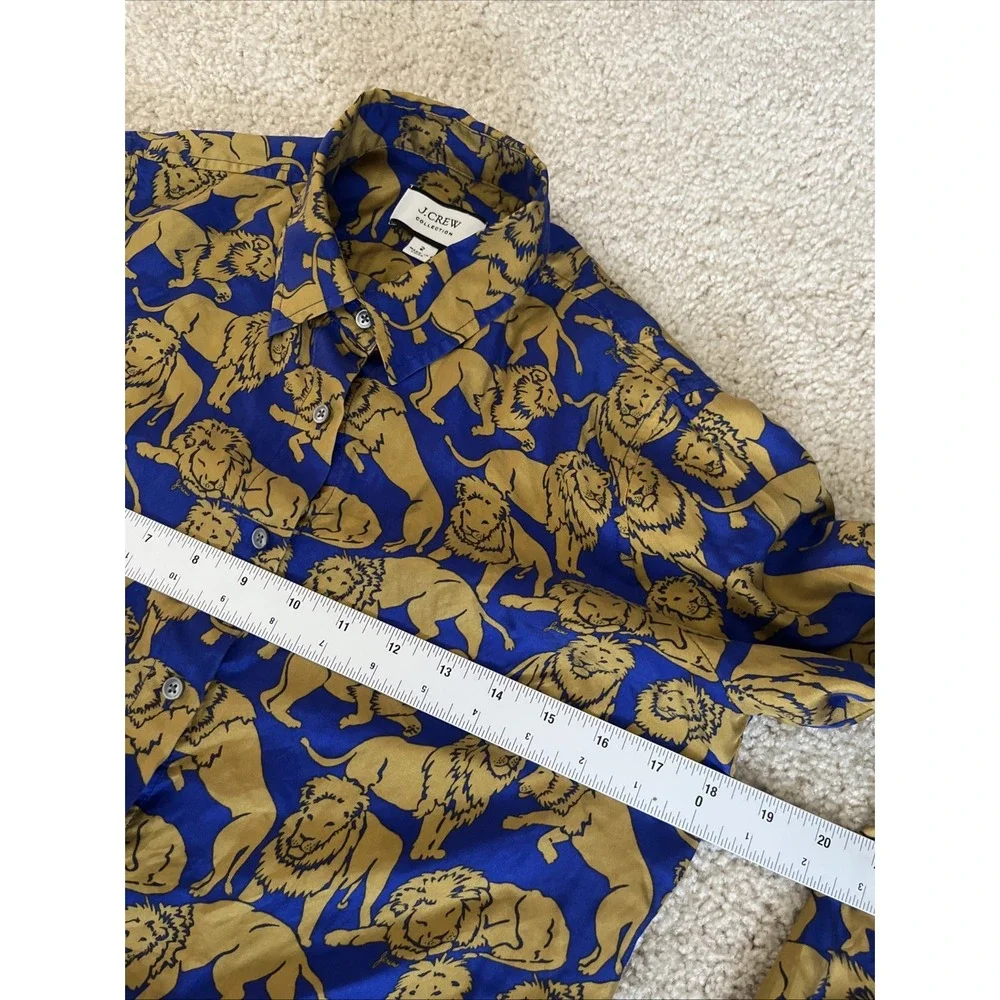 J Crew Collection 100% Silk Sleepy Lions Button Blouse Blue Gold 2